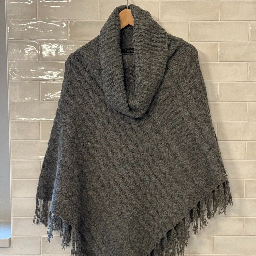 Gray Sweater Poncho With Cowl Neck & Fringe - Picture 1 of 7